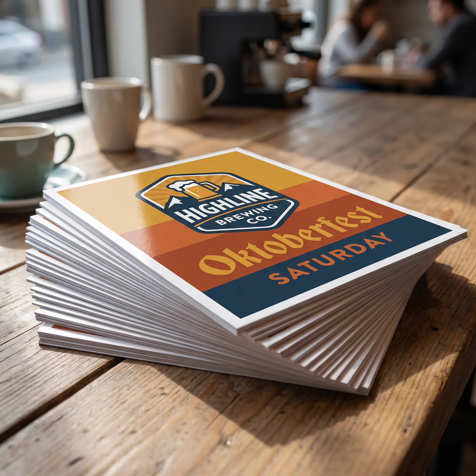 Fanned stack of 8.5 x 11 inch flyers on 100lb gloss text, shown with a sample design: on a community table in a busy cafe