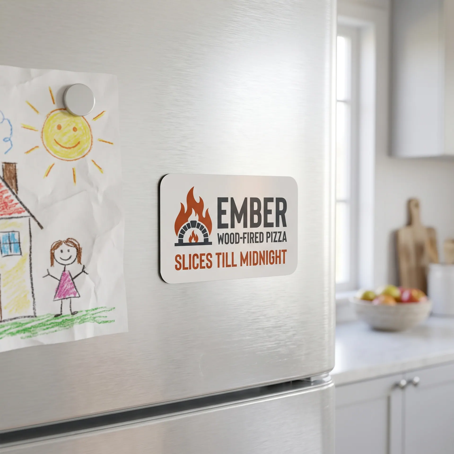 3.5 x 2 inch printed promotional magnet with rounded corners, shown with a sample design: on a white refrigerator door in a home kitchen beside a child's crayon drawing