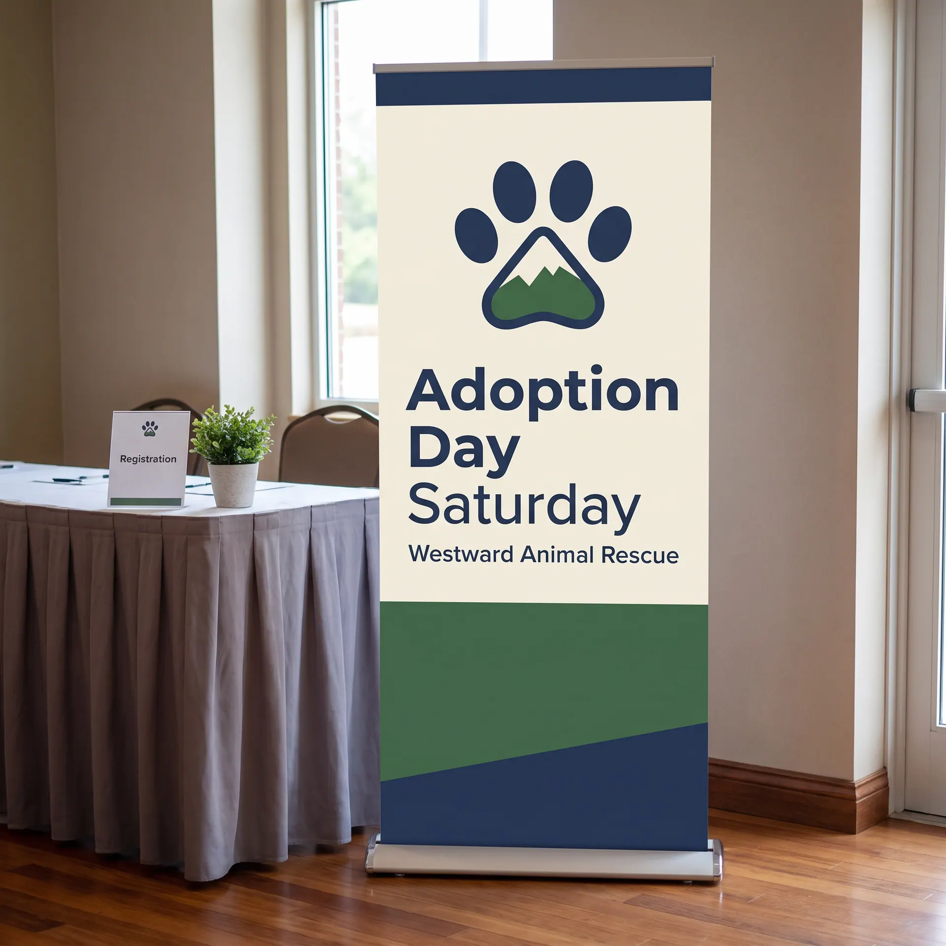 33 x 80 inch retractable banner stand with a silver aluminium base and a printed graphic, shown with a sample design: in a hotel conference foyer beside a registration table