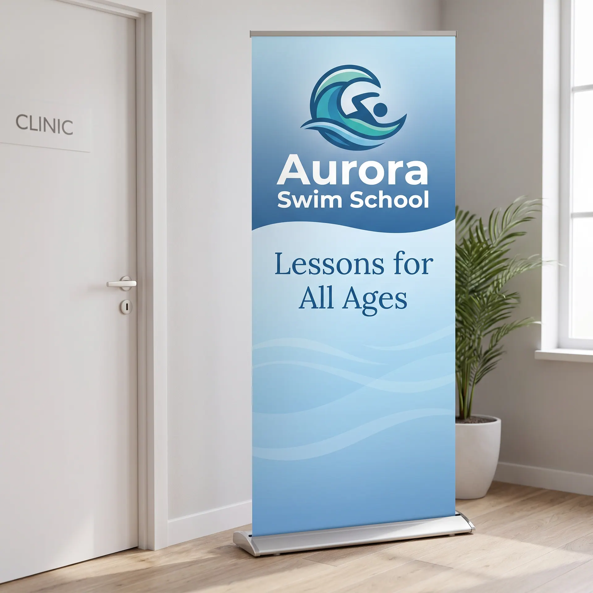 Retractable banner stand with a silver base and a printed super-flat vinyl graphic, shown with a sample design: beside the door of a clinic waiting room
