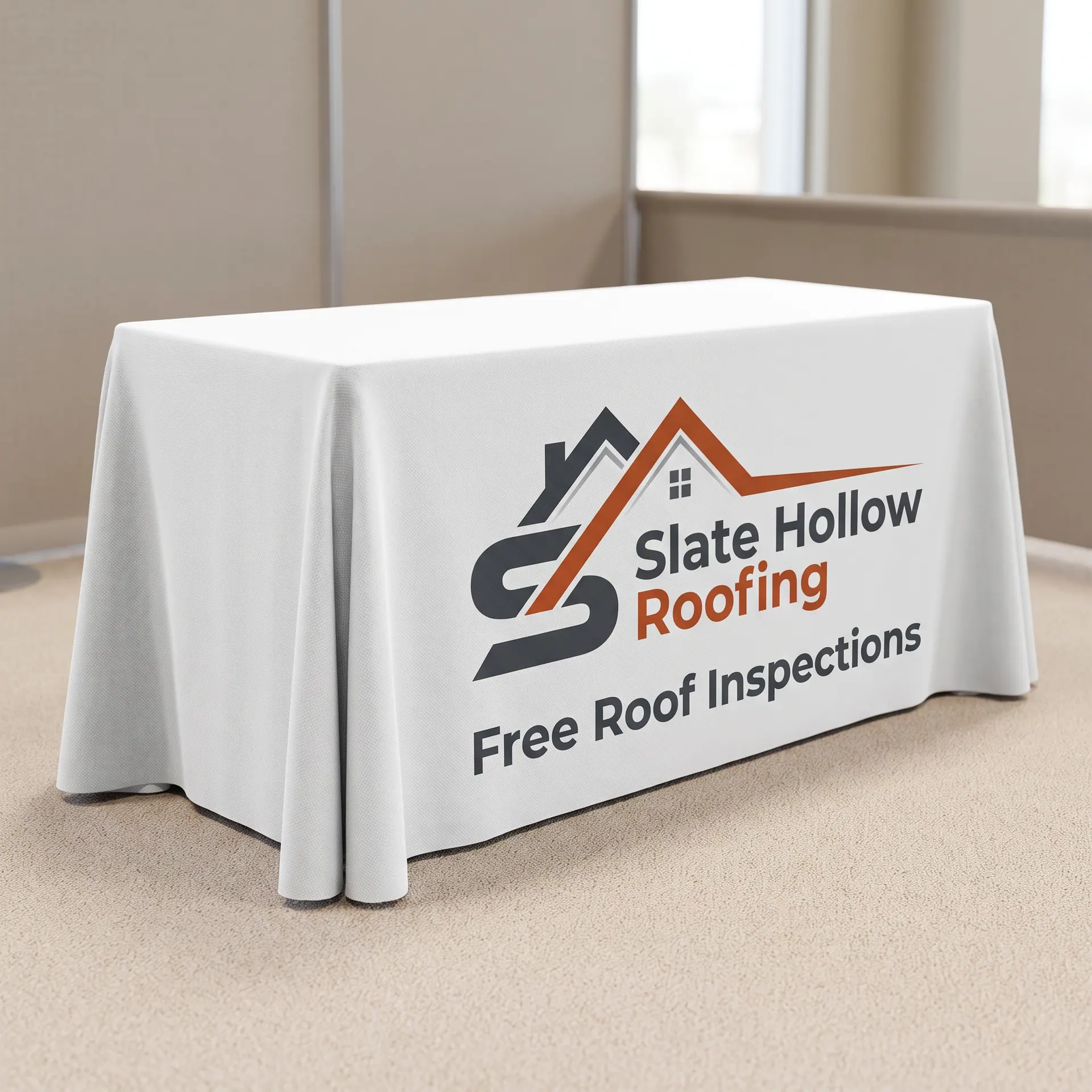 Fitted dye-sublimated fabric table throw on a 6 ft table, falling to the floor on all sides, shown with a sample design: at a trade show booth on carpet