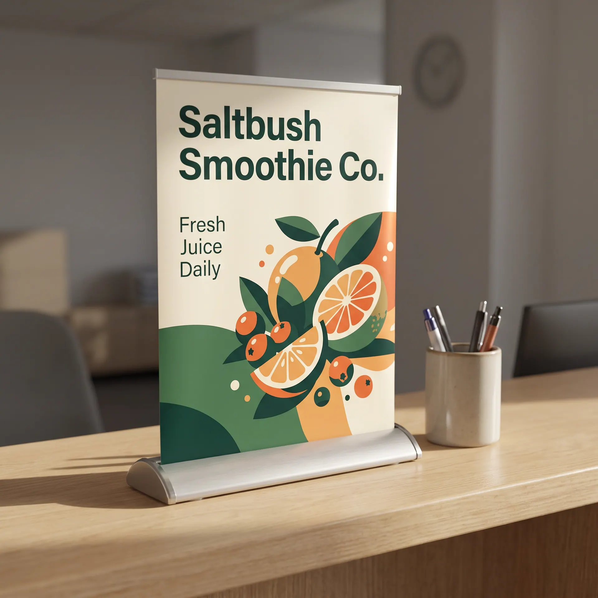 Miniature 8.5 x 11 inch tabletop retractable banner stand, shown with a sample design: on a reception counter beside a pen cup