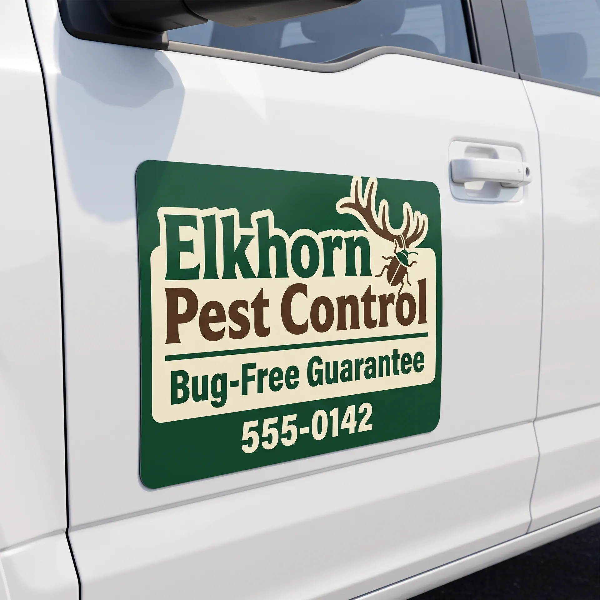 12 x 18 inch printed vehicle magnet with rounded corners, flat and tight against the door, shown with a sample design: on the front door of a white pickup truck