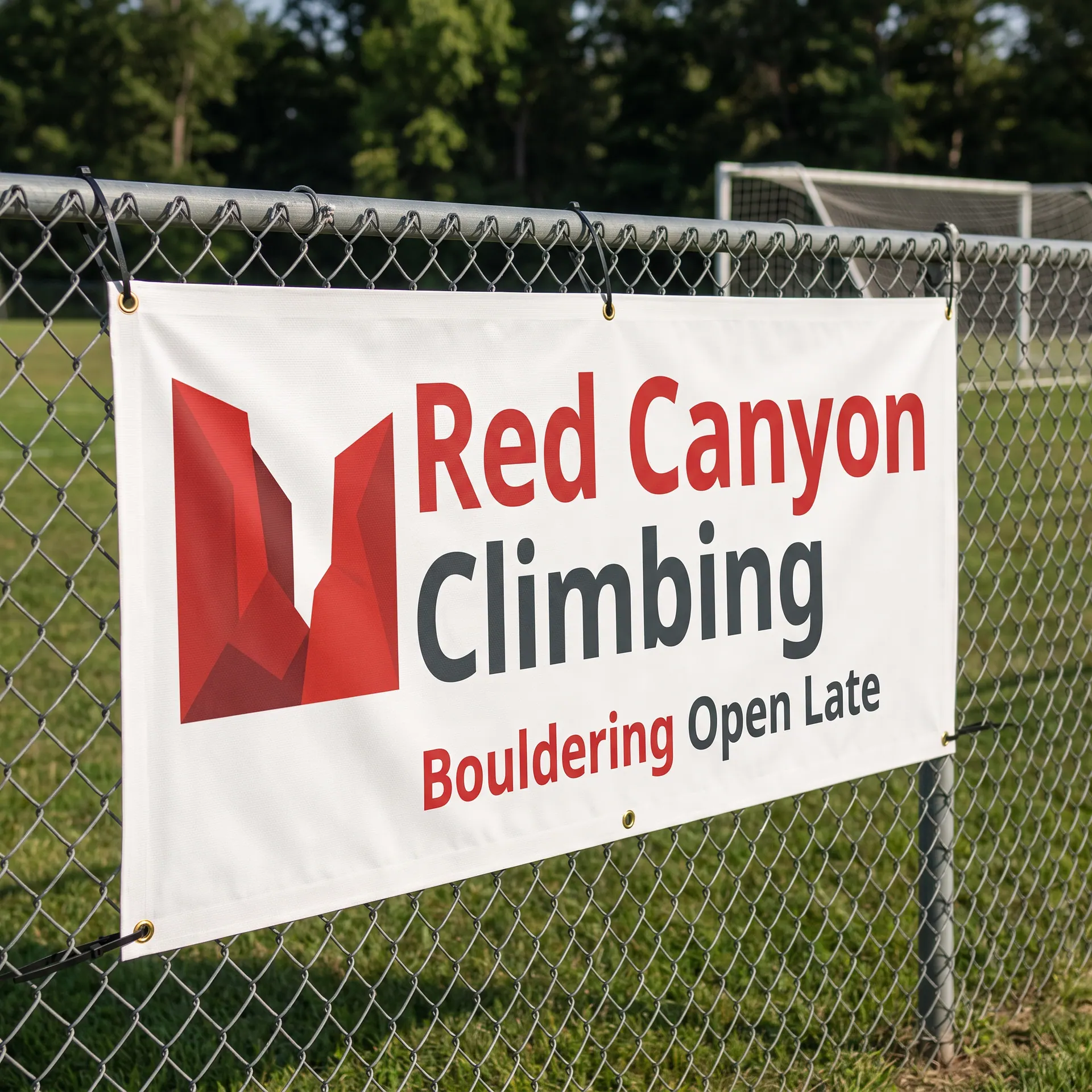 3 x 6 ft banner on 13 oz scrim vinyl, hemmed edges with brass grommets every two feet, zip ties through the grommets, shown with a sample design: zip-tied to a chain-link fence beside a youth soccer field on a sunny afternoon