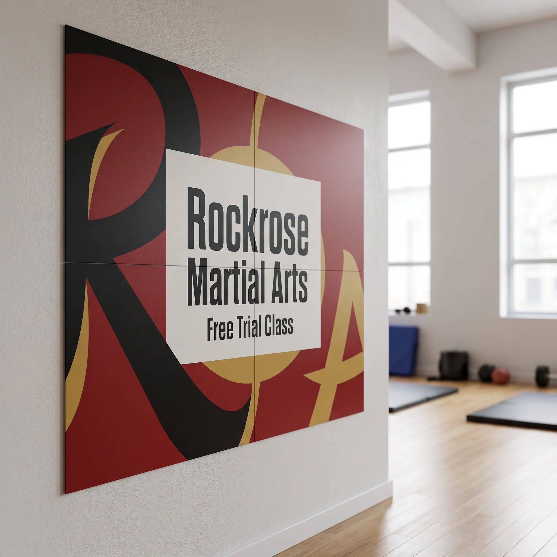 8 x 8 ft printed matte wall graphic applied in panels with invisible seams, shown with a sample design: on the feature wall of a martial arts studio