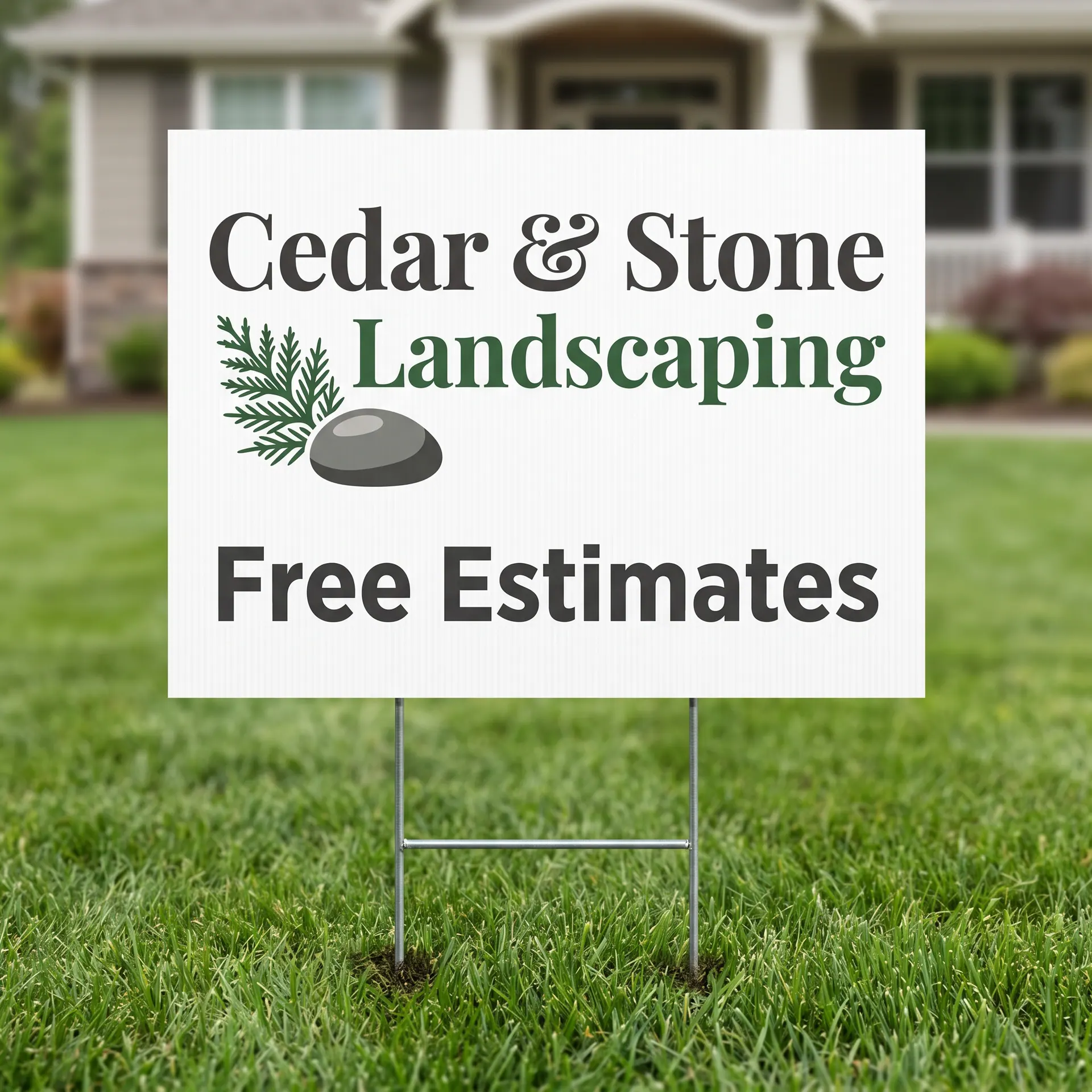 18 x 24 inch printed 4mm corrugated plastic yard sign on a galvanised wire H-stake pushed into the turf, shown with a sample design: on a neatly cut front lawn in front of a house