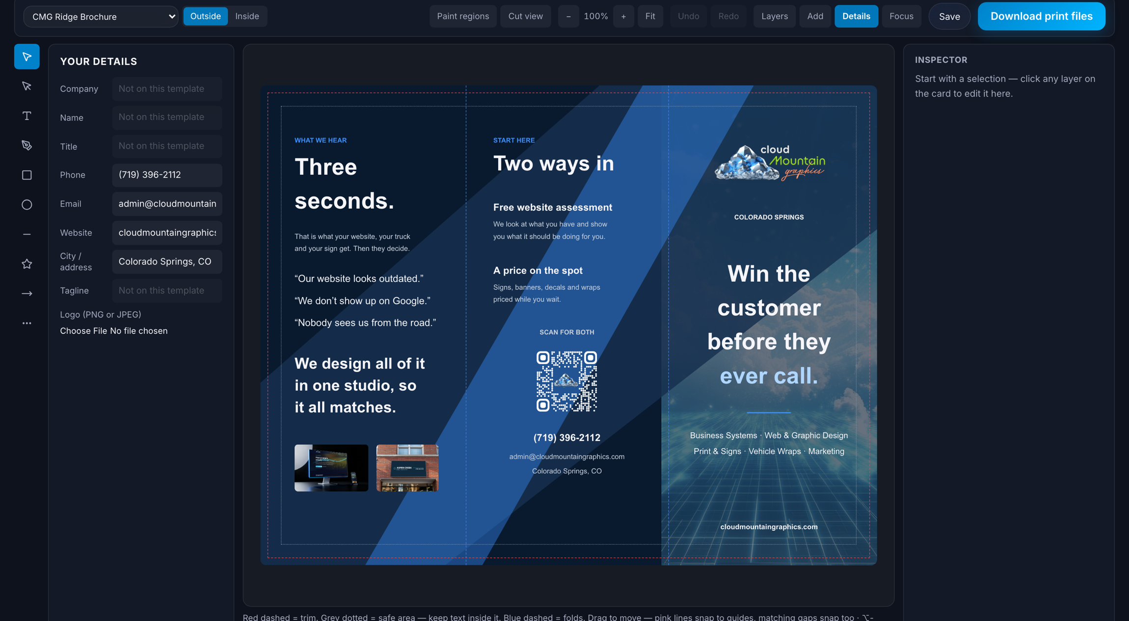 CardPort, CMG's browser design studio, editing a tri-fold brochure with trim, safe-area and fold guides shown