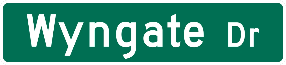 MUTCD D3-1 green street name blade with white lettering reading Wyngate Dr