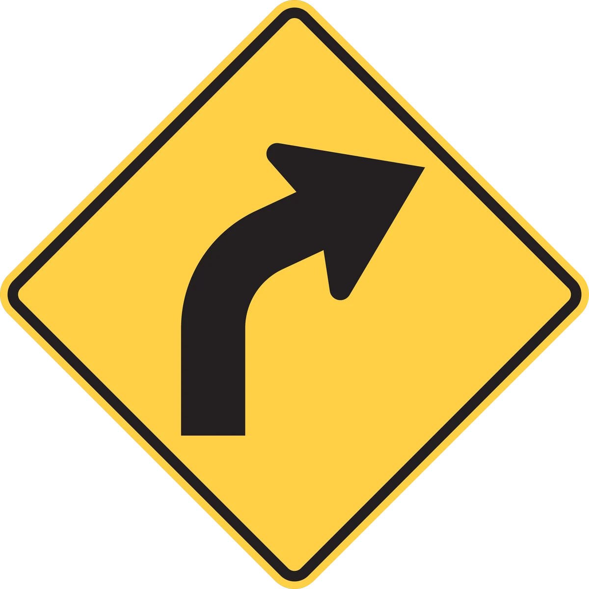 MUTCD W1-2 yellow diamond curve warning sign with a black curved arrow