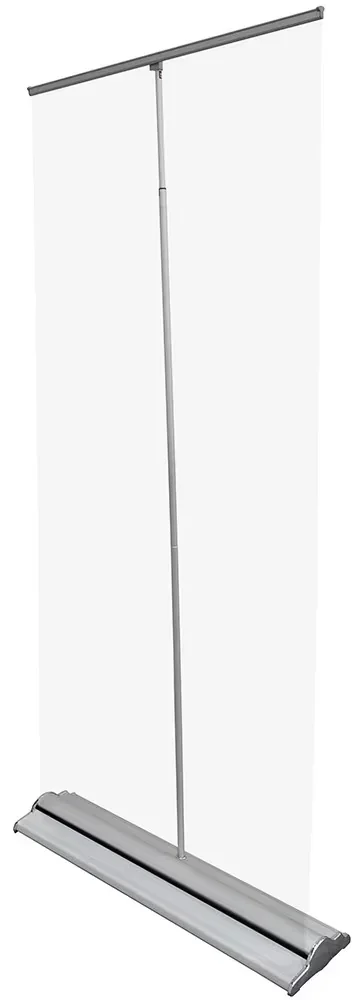 Clear retractable banner stand with a transparent film banner, chrome base