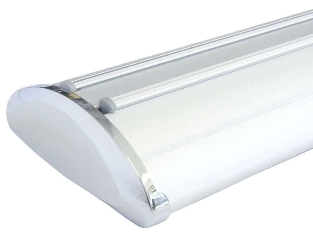 Double-sided retractable banner stand, both graphics raised