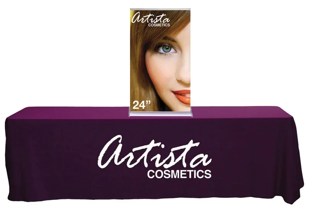 Tabletop retractable banner stand on a counter