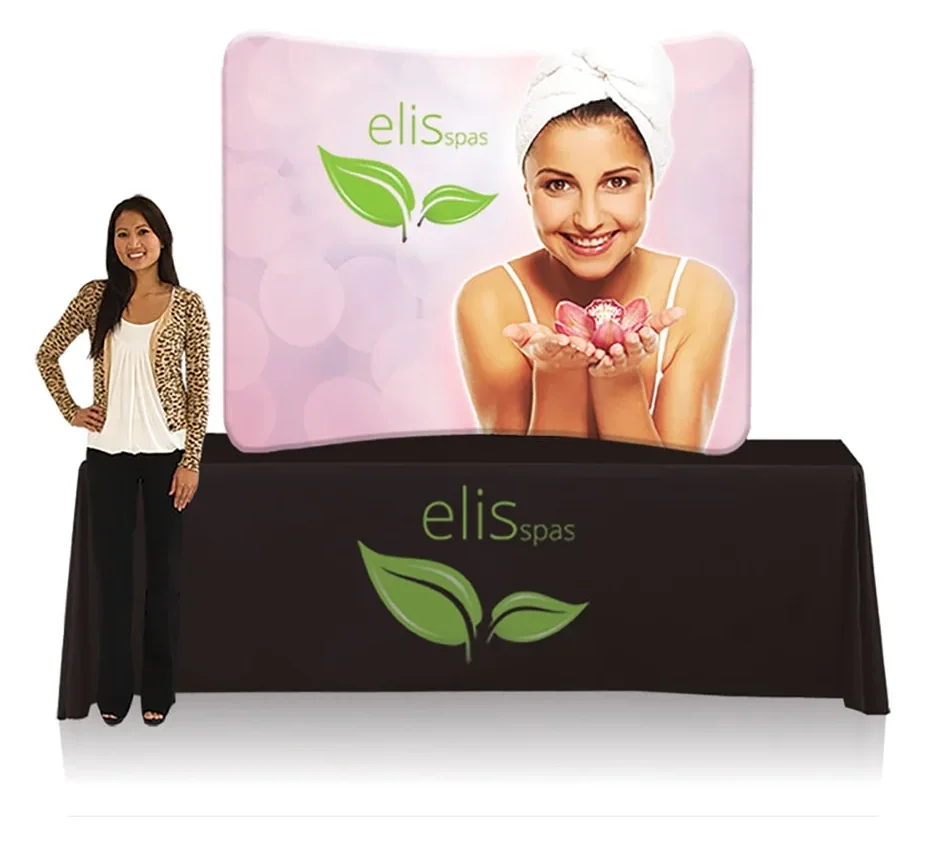 Tabletop tension fabric display on a table